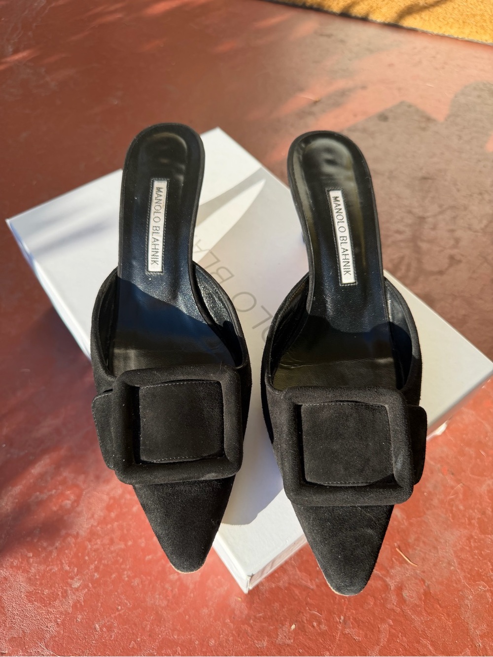 Manolo Blahnik Black Suede Pointed Slip-On Mules with Buckle Detail